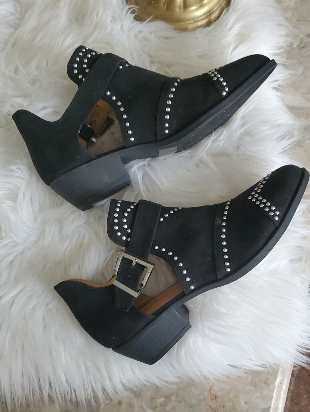 Cupid Black Studded Cutout Ankle Booties with Buckle
